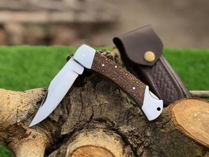 Couteau de poche pliant artisanal avec manche en bois, lame droite en acier inoxydable gravée, EDC, camping, chasse, combat, qualité industrielle OEM - Product Image 5