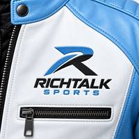 Blouson de moto en cuir pour homme, hiver, blanc et bleu, col montant, fermeture éclair, logo avant, style motard