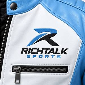 Men's Winter Leather Motorcycle <b>Jacket</b> <b>White</b> Blue Color Blocking Stand Collar Zipper Closure Front Logo Moto <b>Biker</b> Style - Product Image 5