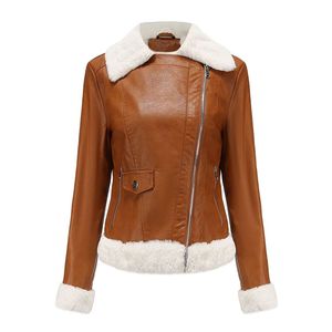 Wholesale Elegant Cowhide Leather <b>Bomber</b> <b>Jacket</b> for Women Oxford Fabric Knitted Processing Genuine Leather Nylon Lining - Product Image 4