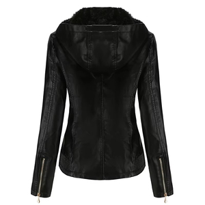 Blouson de moto d'hiver pour femme avec fermeture éclair en fourrure de mouton, tissu respirant en laine et capuche en cuir de vachette collé - Product Image 2