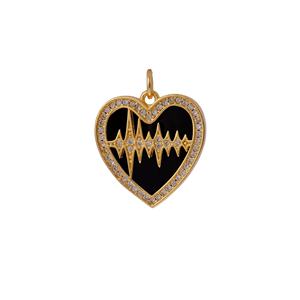 Latido del corazón de Latón chapado en oro Corazón de esmalte negro con borde de Zirconia cúbica y diseño de pulso ECG Joyería simbólica de fiesta romántica - Product Image 2