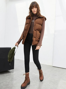 Gilet matelassé à capuche marron pour femme AMDAA ENTERPRISES, coupe décontractée, coupe-vent, respirant, couleur unie, manches longues - Product Image 4