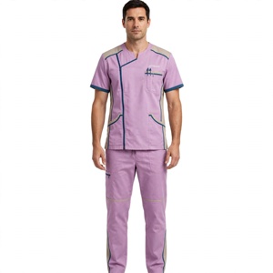 Amkoor Men's Custom Color <b>Scrub</b> Set Short Sleeve Top Drawstring Pants Breathable Polyester Medical <b>Uniform</b> - Product Image 1