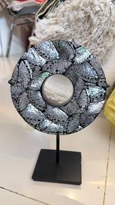 Circular <b>Mother</b> of Pearl Handmade Vintage Engraved Letterpress Printed Wall Art on Black Stand Decorative Disc Sculpture Bali - Product Image 3