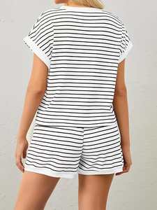 Women's Fashion Loungewear Two-Piece Set Floral Color Block Short-Sleeved T-Shirt Matching Elastic Waist Pocket 100% Cotton - Product Image 3