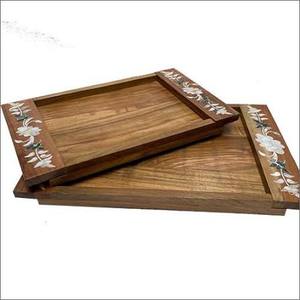 Plateau de service rond en bois de luxe et plateau de dîner avec incrustation de perles et calligraphie arabe pour la présentation de table de fête de l'Aïd - Product Image 5