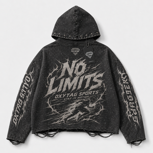 Premium Custom Acid Wash Heavyweight Rhinestone Studded <b>Grunge</b> Streetwear Distressed Raw Hem Vintage Graphic Unisex <b>Hoodie</b> - Product Image 5