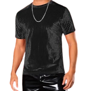 Camiseta de Terciopelo Negro con Textura Vertical Acanalada para Hombre, Manga Corta, de Alta Calidad, Transpirable, con Spandex y Poliéster - Product Image 2