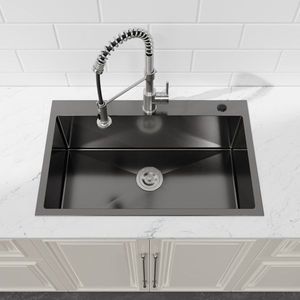 Lavello da cucina singolo in raso nero fatto a mano 76x48 cm, da incasso, con scarico standard USA e design a foro singolo. Non spedibile nei fine settimana. - Product Image 3