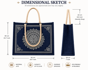 Sac fourre-tout en jute bleu marine imprimé mandala avec poignée en corde, écologique, réutilisable, pour la plage ou le shopping, design ethnique, logo personnalisé - Product Image 4