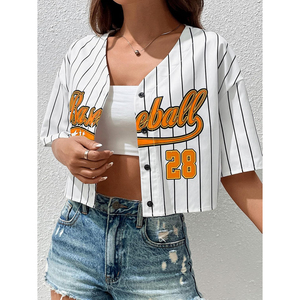 Women's White <b>Striped</b> Baseball Jersey <b>Crop</b> <b>Top</b> Short Sleeve V-Neck Button Front Breathable Summer Apparel Print OEM ODM 2026 - Product Image 4