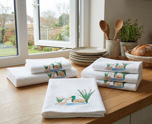 Wholesale Custom White <b>Waffle</b> Cotton Jacquard Kitchen Hand Towel Embroidered Cute Ducks <b>Machine</b> Washable Quick Dry Eco-Friendly - Product Image 1