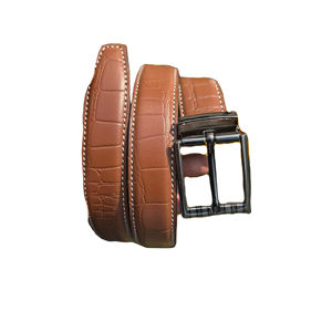Ceinture en cuir de vachette artisanale marron avec broderie crocodile et impression par transfert thermique, boucle en fer, largeur 3,5 cm, longueur 120 cm, pour tenue formelle - Product Image 1