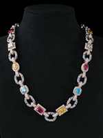 Collar de Lujo Chapado en Rodio con Plata 925, Moissanita de Corte Ovalado y Piedras Preciosas de Colores, Estilo Cubano, Unisex para Hombres y Mujeres, Joyería para Fiestas Hindúes