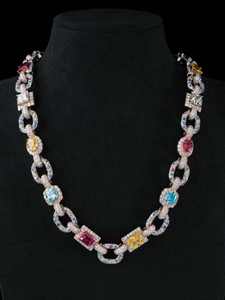 Collier unisexe en argent 925 plaqué rhodium de luxe avec moissanite taille ovale et chaînes cubaines colorées, bijoux de fête hindou pour hommes et femmes - Product Image 1