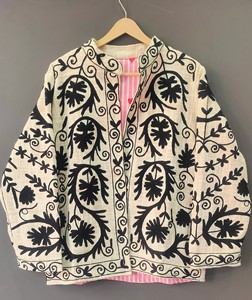 Women's Winter Suzani TNT Cotton <b>Jacket</b> with Front Logo Embroidery <b>Quilted</b> Cotton Filled Floral <b>Pattern</b> Short Length - Product Image 1