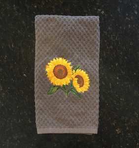 Paños de cocina bordados con diseño de girasol, en colores blanco, marfil, marrón, gris, rojo, negro, azul, rosa y azul marino, de algodón tipo gofre y felpa, para manos y platos. - Product Image 3