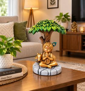 Estatua de Krishna Bajo el Árbol, Acabado Dorado, Escultura de Sobremesa, Decoración Religiosa para el Hogar, Regalo - Product Image 2