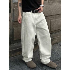 Jean en denim beige taille haute coupe droite pour homme – Écologique, respirant, mode estivale, délavage clair, style vintage, tailles 26-40, moderne - Product Image 2