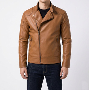 Men's Brown PU Leather Moto <b>Biker</b> <b>Jacket</b> Stand Collar Zipper Closure Slim Fit Regular Sleeve Solid Color Autumn Wear - Product Image 3