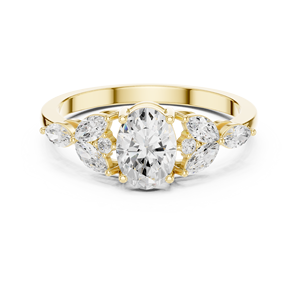 Bague de fiançailles en or jaune avec moissanite taille ovale et pierres latérales marquise, grappe florale, pour femme, bijoux personnalisés - Product Image 2
