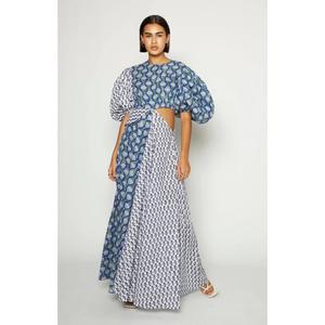 Vestido largo bohemio de verano para mujer, azul, estampado, con patchwork, corte recortado y mangas abullonadas - Product Image 1