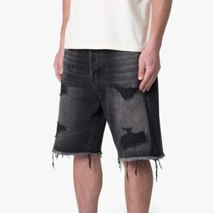 Shorts en jean gris foncé pour homme, coupe droite, taille mi-haute, déchirés, effet usé, écologiques, séchage rapide, imperméables, en coton, décontractés, été - Product Image 3