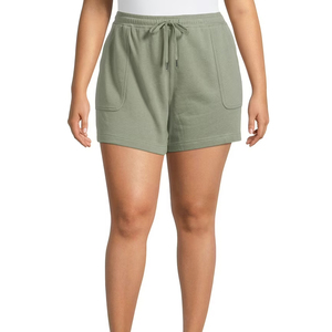 Shorts de cintura alta para mujer al por mayor, shorts de lana tejida verde sólido con cordón y bolsillos, estilo casual de ajuste regular. - Product Image 1