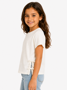 Camiseta Blanca con Lazo Lateral para Niñas, Top Informal de Algodón de Manga Corta, Camiseta Suave y Cómoda para Uso Diario, Ropa Elegante para Niñas - Product Image 2
