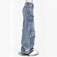 Celana Denim Pria Berkualitas Tinggi Model Mid Wide Leg Ripped Star Distressed Kancing Depan Gaya Outdoor Trendy Street Style Katun Kasual Musim Gugur