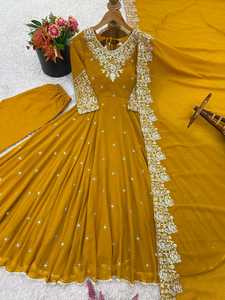 Mustard Yellow Embroidered Anarkali <b>Suit</b> Set Lace Trimmed Long <b>Dress</b> and Dupatta <b>for</b> <b>Wedding</b> Party <b>Women</b> - Product Image 1