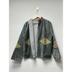 Chaqueta de terciopelo verde salvia de lujo con bordado de ojo turco multicolor, cuello alto, manga larga, ropa exterior de otoño para mujer - Product Image 1