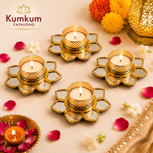 Trending Golden Lotus Mirror <b>Tealight</b> Candle <b>Holder</b> Indian Handcrafted Diya Stand Diwali Wedding Festive Home Decor Return Gifts - Product Image 1