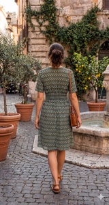 Vestido Estampado con Cuello en V, Corte en A, Largo hasta la Rodilla, Cintura Elástica, Manga Corta, Transpirable, de Algodón Tejido, Estilo Casual, Vintage, para Uso Diario, Verano - Product Image 5