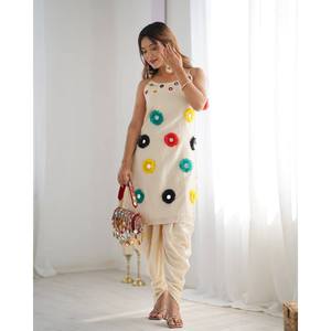 Ensemble haut et bas en mousseline de soie fantaisie avec travail Khatli miroir, taille XS, sans manches - Product Image 2