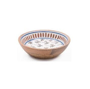 Ensemble de bols de service ronds en bois imprimés avec incrustations émaillées, bols à salade rustiques en bois, bols décoratifs en bois pour le stockage des aliments et des collations - Product Image 1