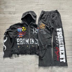 Survêtement de fabricant, pantalon de survêtement, ensemble de survêtement en molleton délavé à l'acide, fermeture éclair, impression DTG, lavage vintage personnalisé, haute qualité pour homme - Product Image 1