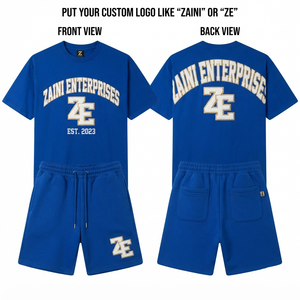 400 GSM Premium Cotton Fleece T Shirt <b>and</b> <b>Shorts</b> <b>Set</b> Royal Blue Chenille Patch Custom Logo Streetwear Outfit - Product Image 1