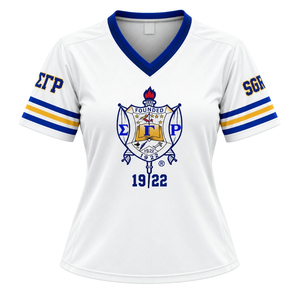 Camiseta de Hockey para Mujer Sigma Gamma Rho, Blanca, con Gráfico de Escudo Personalizado, Cuello en V, Manga Corta, Ropa Deportiva para Hermandades Griegas - Product Image 1