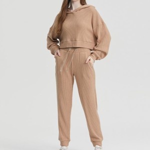 Survêtement beige à capuche pour femme, couleur unie, manches longues, décontracté, respirant, avec cordon de serrage, coupe ample, 100 % coton, idéal pour l'automne - Product Image 4