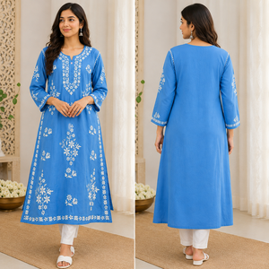 Kurti brodé bleu ciel fait main pour femmes, motif floral ethnique, manches 3/4, col en V et tenue indienne traditionnelle - Product Image 2
