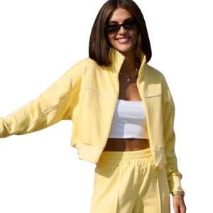Womens Winter Solid Cropped Full Zip Tracksuit Set Stand Collar Jacket Wide Leg <b>Trousers</b> Casual Regular Fit Two Piece Sportswear - Product Image 3