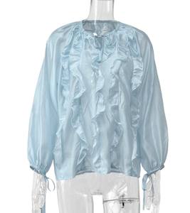 Camisa de Verano para Mujer, Estilo Casual, Corte Regular, para el Día a Día, de Alta Calidad, con Botones al Frente, Sólida, Elegante, con Volantes - Product Image 6