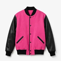 Veste de baseball en laine rose pour homme, manches en cuir de vachette noir, boutons pression, veste bomber de style universitaire à blocs de couleur
