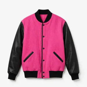 Chaqueta Varsity de Lana Rosa para Hombre con Mangas de Cuero Vacuno Negro, Botones a Presión y Bloques de Color, Estilo Béisbol - Product Image 1