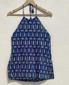 เสื้อคอตตอนสีกรมท่าเสื้อคล้องคอชายหาดแนววินเทจปักด้วยพู่ระบายอากาศผ้าถักและออกแบบเป็นปมด้านหลัง - Product Image 3