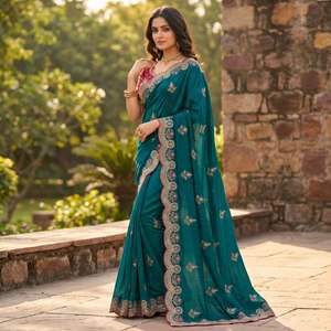 Fendy <b>Satin</b> <b>Saree</b> with Heavy Embroidery Sequence Border Fully Stitched Premium Embroidered Blouse Wedding Party Wear <b>Saree</b> - Product Image 4