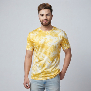 Camisetas Amarillas para Hombre con Efecto Desgastado por el Sol, Camiseta de Manga Corta con Cuello Redondo, Corte Regular, Estilo Casual Urbano, Camiseta Vintage con Lavado Ácido - Product Image 1