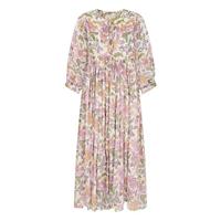 Robe longue Kyra Fuchsia Bloom, illustration enchanteuse, art ancien, tie-dye, détails éloquants, col en V, manches bouffantes, 100% coton